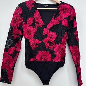 Express black & red floral lace bodysuit Size XS #bodysuit #lace #gothcore